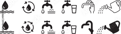 Water conservation and usage icons including faucets and water droplets on white background