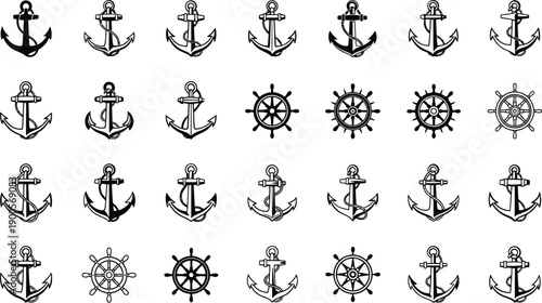 Nautical Icons: Anchors and Ship Wheels in Silhouette Style
