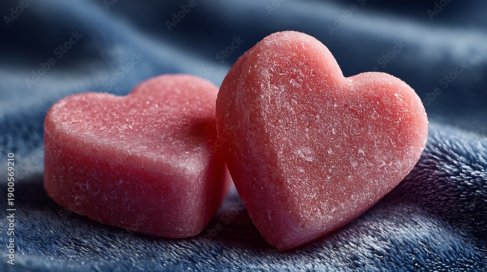 Obraz premium Two pink heart shaped candies on blue fabric background