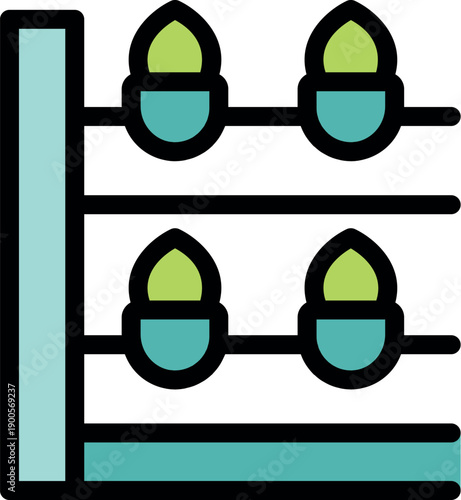 Seedlings growing in small pots on shelves in a vertical farm, promoting sustainable agriculture and efficient space utilization