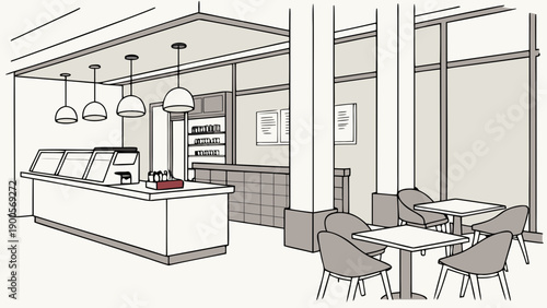 Modern cafe interior design sketch with seating area serving counter and display cases offering a clean and inviting atmosphere for customers seeking refreshments and relaxation
