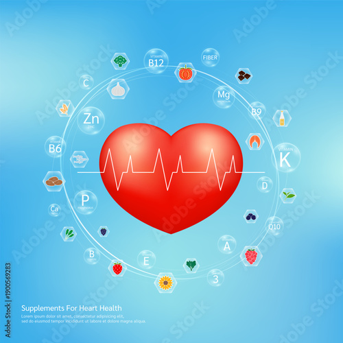 Red heart surrounded with bubble translucent Vegetables Fruits and Minerals Omega 3 Vitamins. Essential nutrients supplement for heart human. Healthy food health care medical. Vector.