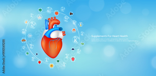Essential nutrients supplement for heart human. Heart organ surrounded with bubble translucent Vegetables Fruits and Minerals Omega 3 Vitamins. Healthy food health care medical. Vector.