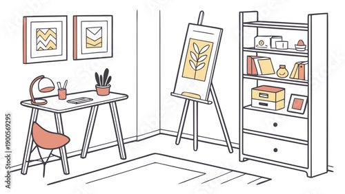 Vibrant and cozy artist's studio interior scene featuring a wooden easel with a botanical artwork a functional desk with art supplies and a desk lamp a tall bookshelf filled