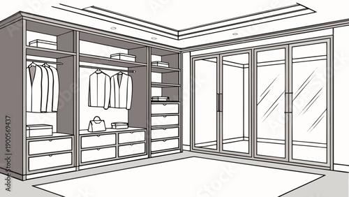 Luxurious walk in closet interior design with organized clothing racks drawers shelves and mirrored glass doors showcasing modern elegance and meticulous storage solutions