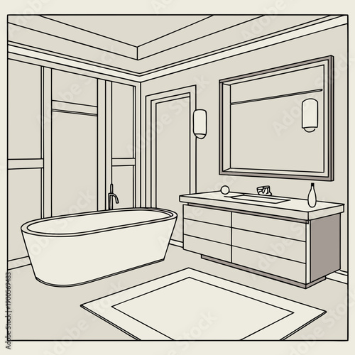 Modern minimalist bathroom interior design sketch featuring a freestanding bathtub sleek vanity with drawers large wall mirror reflecting wall sconces and a glass enclosed shower