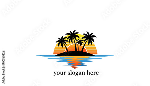 Vibrant tropical island graphic with silhouetted palm trees, glowing sunset, and serene ocean reflections, perfect for travel, holiday, and resort branding