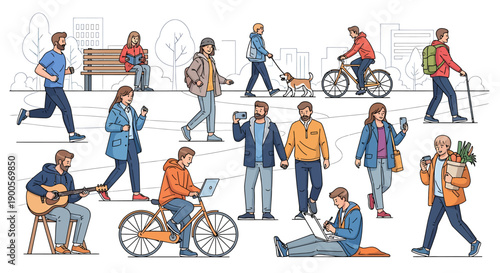 Vibrant collection of diverse illustrated characters engaged in various urban daily activities, showcasing contemporary city life, leisure, and technology interaction