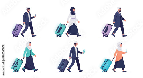 Muslim travelers walking with luggage