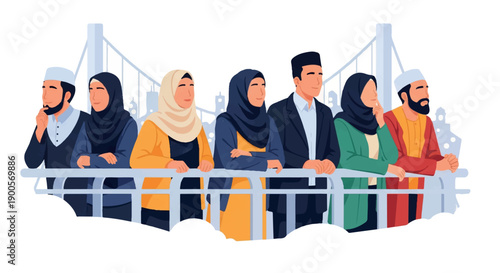 Muslim family sightseeing near a bridge with transparent background