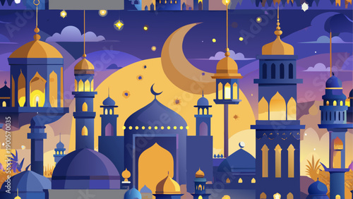 Vibrant nighttime cityscape with mosques and minarets
