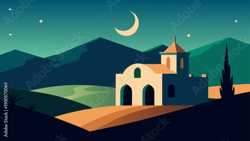 Night landscape with church and moonlit mountains