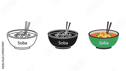 A set of three soba noodle bowls with different color schemes Vector