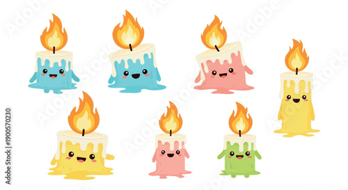 Colorful candles with flames with transparent background