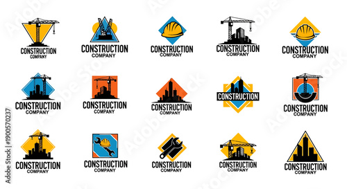 Dynamic collection of professional vector construction company logos, featuring stylized urban skylines, industrial cranes, and building tools for robust brand identity design