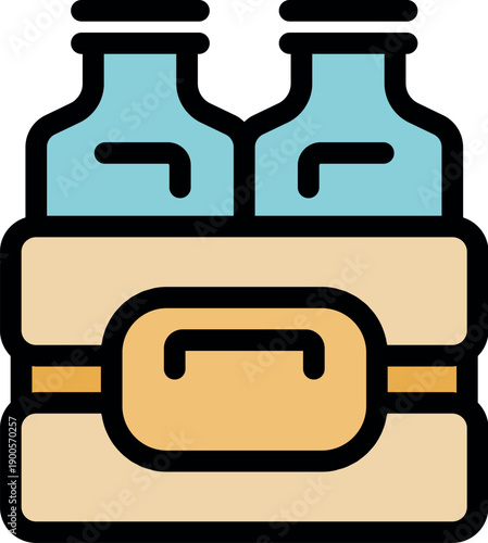 Two glass bottles containing milk being delivered inside a cardboard box with handle