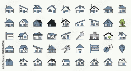 A comprehensive collection of diverse house and real estate icons, including various architectural styles, property symbols, and location markers