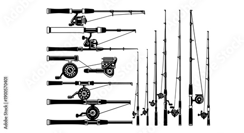 A collection of various fishing rods and reels, depicted in a black and white illustration style.