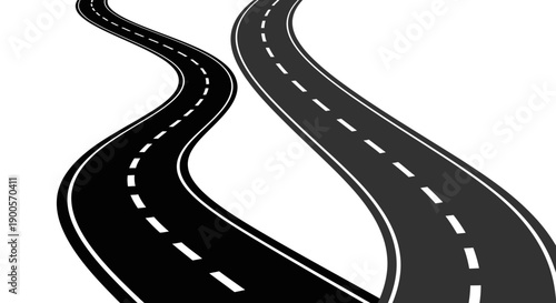 Two winding asphalt roads with dashed white lines diverging and curving against a white background.