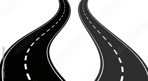 Two diverging asphalt roads with white dashed lines, one dark and one lighter, against a white background.