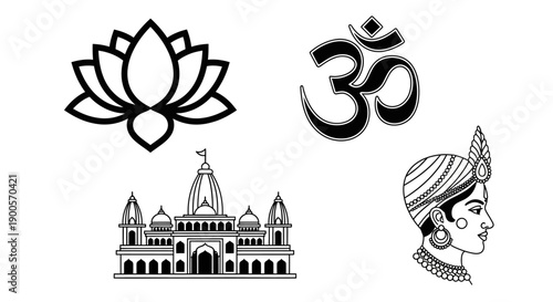 A collection of Indian cultural and religious symbols including a lotus flower, Om symbol, a temple, and a groom.