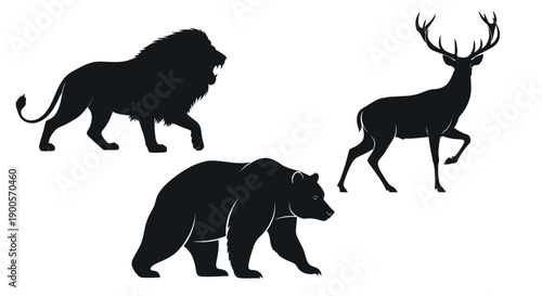 Silhouettes of a lion, a bear, and a deer against a white background.