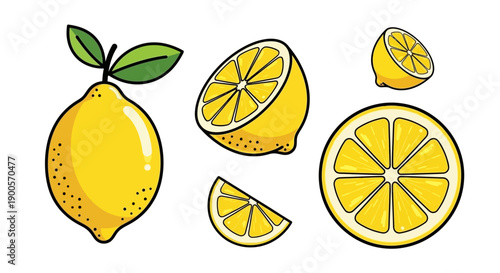 A vibrant collection of fresh lemons, including a whole lemon with leaves and various sliced pieces, showcasing their bright yellow color and juicy texture.