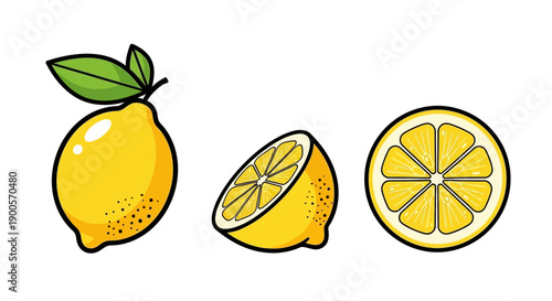 A whole lemon with leaves, a half lemon, and a sliced lemon, all depicted in a simple cartoon style.