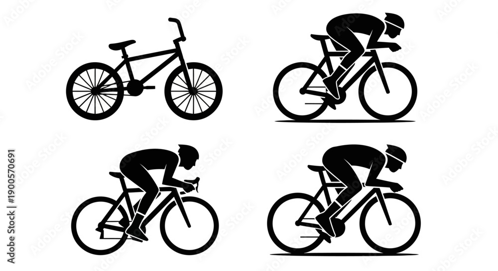 Fototapeta premium Four silhouette illustrations of bicycles, including a BMX bike and three different racing bicycle positions.