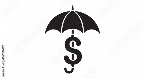 Dollar sign protected by umbrella, symbolizing financial security and safety, depicted in a simple black illustration.