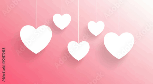A collection of white heart shapes hanging against a soft pink and white gradient background.