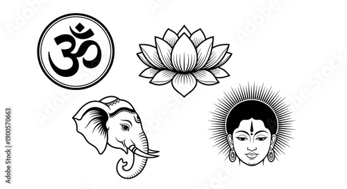 A collection of traditional Indian cultural and religious symbols including Om, a lotus flower, an elephant head, and a divine face.