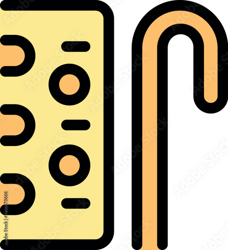 Simple yet impactful icon showcasing a blister pack of pills and a walking stick, symbolizing the healthcare needs and support systems for the elderly