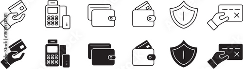 Collection of black and white icons depicting payment methods and security