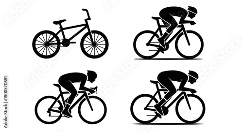 Four silhouette illustrations of bicycles, including a BMX bike and three different racing bicycle positions.
