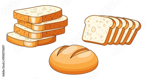 A collection of freshly baked bread, including sliced white bread and a round loaf, presented on a white background.