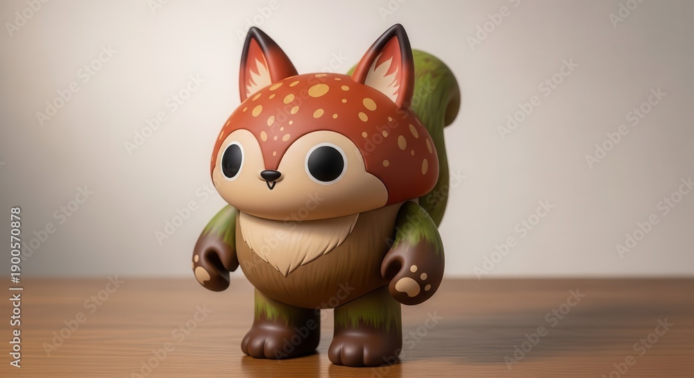 Fototapeta premium Stylized collectible figure resembling a woodland creature stands on a wooden surface.