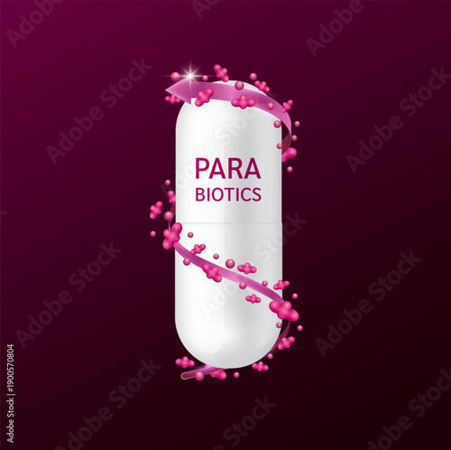 Parabiotics pill living microflora. Capsule drug white surrounded by arrow and red good gut bacteria on dark background. For products design supplement food digestion. 3D vector.