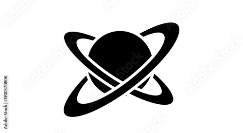 A stylized black and white graphic representing a planet with orbiting rings.