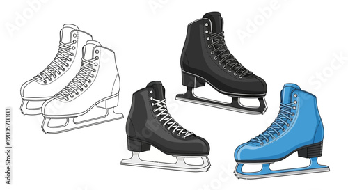 A collection of four pairs of ice skates, including two black pairs, one blue pair, and one outlined pair.