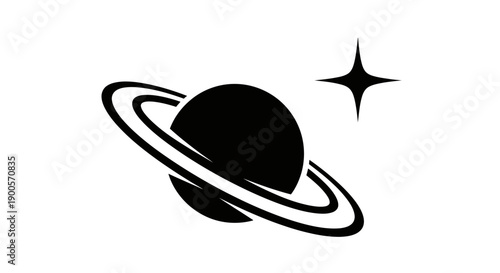 A minimalist black and white illustration of a ringed planet and a four-pointed star.