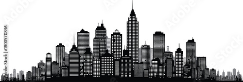 Black and white city skyline silhouette with tall skyscrapers, urban architecture, illuminated windows, modern metropolitan buildings, perspective depth illustration vector