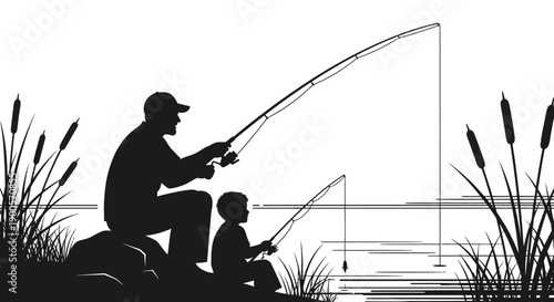 Silhouette of a father and son fishing together by the water with reeds on the shore.