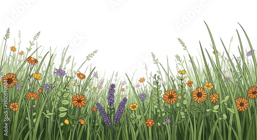 A vibrant illustration of a meadow filled with lush green grass and a variety of colorful wildflowers in bloom.