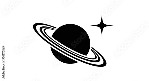 A stylized black and white illustration of a ringed planet with a four-pointed star.