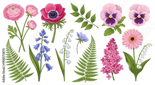 A vibrant collection of various spring flowers and green foliage, including ranunculus, anemones, pansies, bluebells, lilies of the valley, and ferns.