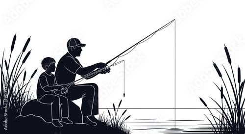 A father and son are sitting on a rock by the water, fishing together with fishing rods.