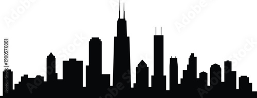 Black silhouette Chicago city skyline vector illustration with skyscrapers, urban architecture, modern buildings, metropolitan landmark design for stock content