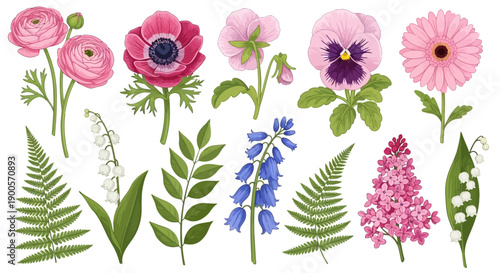 A vibrant collection of spring flowers and foliage, including ranunculus, anemones, pansies, gerbera daisies, lily of the valley, ferns, and hyacinths.