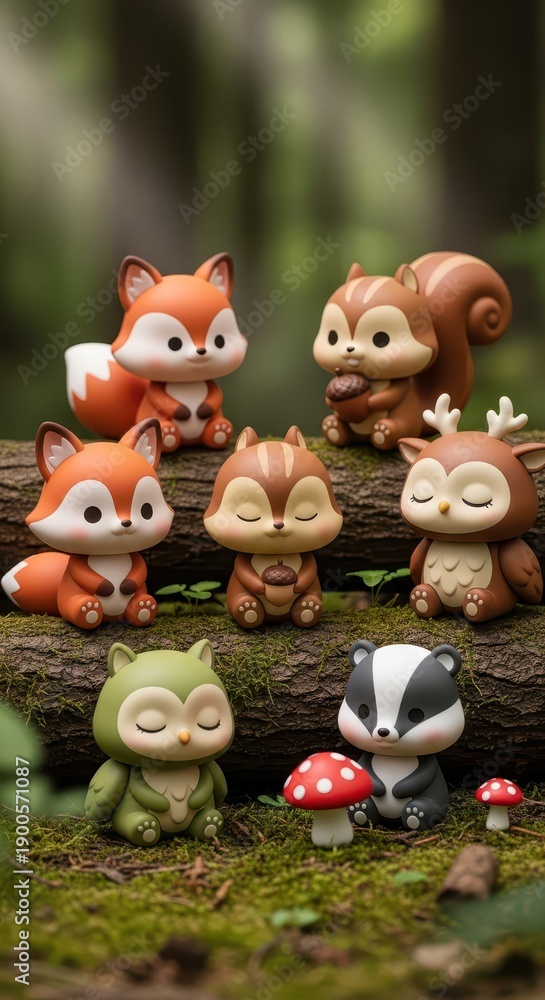 Fototapeta premium Collection of adorable forest animal figurines resting on mossy logs and ground